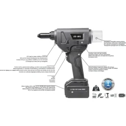 Akku Nieter Blindnietgerät | Nietgerät | GO-BR1 Akku-Blindnietsetzwerkzeug mit bürstenlosem Motor 18V ohne Akku, inkl. Koffer und Zubehör Arbeitsbereich ø 3,0 - 5,0 mm alle Materialien