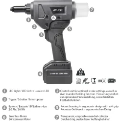 Akku Nieter Blindnietgerät | Akku Nietgerät | Akku-Tool GO-TR1 Akku-Presslaschen Blindnieten Setzwerkzeug mit bürstenlosem Motor 18V ohne Akku, inkl. Koffer und Zubehör Arbeitsbereich Aluminium Preßlaschen-Blindniete ø 5,2 / 6,4 / 7,5 mm