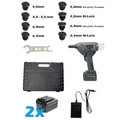 Akku Nieter Blindnietgerät | Nietgerät | GO-BR2 Hochfeste Blindniete Setzwerkzeug mit bürstenlosem Motor 18V inkl. 2 Akku, Koffer und Zubehör Arbeitsbereich ø 3,0 – 6,4 mm alle Materialien