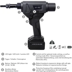Akku-Tool GO-RN2 Akku Blindnietmuttern- & Schrauben Setzwerkzeug mit bürstemlosem Motor 18V ohne Akku, inkl. Koffer und Zubehör mit Arbeitsbereich M8 – M10 mm alle Materialien, M8 - M12 Aluminium und Stahl