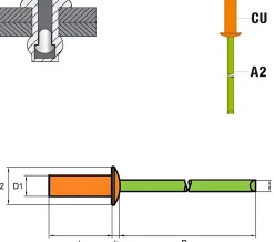Becher-Blindnieten Kupfer/Edelstahl A2 (Ø x L) 3,2 x 12,5 mm mit Flachkopf - Dicht-Becherblindniete - Becher-Blindniete - Dichtblindniete - Bechernieten - Dichtnieten - CUP