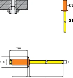 Blindnieten Kupfer Legierung/Stahl (Ø x L) 4,0 x 10,0 mm mit Flachkopf ISO16582 - Flachkopf Niete - Popniete - STANDARD