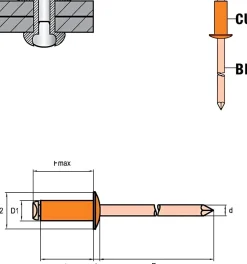 Blindnieten Kupfer Legierung/Bronze (Ø x L) 3,2 x 6,0 mm mit Flachkopf ISO16582 - Flachkopf Niete - Popniete - STANDARD