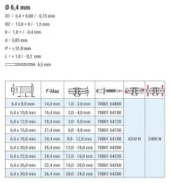 Blindnieten Stahl/Stahl (Ø x L) 6,4 x 12,0 mm mit Flachkopf ISO15979 - Flachkopf Niete - Popniete - STANDARD