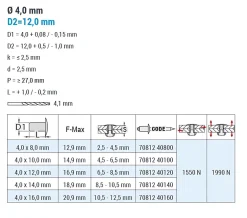 Blindnieten Stahl/Stahl (Ø x L) 4,0 x 16,0 mm mit Großkopf - Großkopf Niete - Popniete - STANDARD
