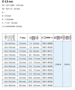 Blindnieten Stahl/Stahl (Ø x L) 4,8 x 25,0 mm mit Senkkopf ISO15980 - Senkkopf Niete - Popniete - STANDARD