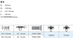 Blindnietmutter - Nietmutter - M6 Edelstahl A2 (Ø x L) 8,9 mm x 16,5 mm kleiner Senkkopf Rundschaft gerändelt mit Unterkopfverzahnung Schaftende offen Einziehmutter Einnietmuttern - GO-NUT