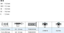 Blindnietmutter - Nietmutter - M8 Stahl verzinkt (Ø x L) 11,0 mm x 17,5 mm Flachkopf Sechskantschaft Schaftende offen Einziehmutter Einnietmuttern - GO-NUT