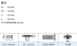 Blindnietmutter - Nietmutter - M3 Aluminium (Ø x L) 4,9 mm x 10,0 mm Flachkopf Rundschaft gerändelt mit Unterkopfverzahnung Schaftende offen - Einziehmutter, Einnietmuttern - GO-NUT
