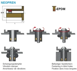 Blindnietmutter aus EPDM Nietmutter M5 EPDM / Messing (Ø x L) 9,6 mm x 21,5 mm Rundschaft Messing Gewindeeinsatz Schaftende offen - NEOPREN - Gummimutter Einziehmutter Einnietmuttern