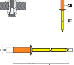 Dicht-Becherblindnieten Kupfer/Stahl (Ø x L) 3,2 x 8,0 mm mit Flachkopf - Dicht-Becherblindniete - Becher-Blindniete - Dichtblindniete - Bechernieten - Dichtnieten - CUP