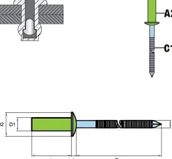 Dicht-Becherblindnieten mit gerilltem Nietdorn Edelstahl A2/Edelstahl C1 (Ø x L) 4,0 x 12,0 mm mit Flachkopf ISO16585 - Becher-Blindniete - Dichtblindniete - Bechernieten - Dichtnieten - CUP