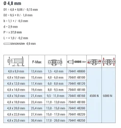 Flachkopf Nieten mit gerilltem Nietdorn Edelstahl A4/Edelstahl A4 (Ø x L) 4,8 x 20,0 mm mit Flachkopf - Flachkopf Niete mit gerilltem Nietdorn - Popniete - STANDARD