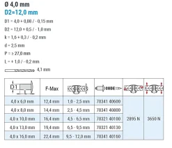 Großkopf Nieten mit gerilltem Nietdorn Edelstahl A2/Edelstahl A2 (Ø x L) 4,0 x 16,0 mm mit Großkopf - Großkopf Niete mit gerilltem Nietdorn - Popniete - STANDARD