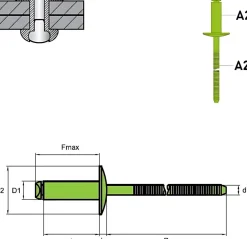 Großkopf Nieten mit gerilltem Nietdorn Edelstahl A2/Edelstahl A2 (Ø x L) 4,8 x 12,0 mm mit Großkopf - Großkopf Niete mit gerilltem Nietdorn - Popniete - STANDARD