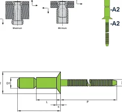 Hochfeste Blindnieten Edelstahl A2/Edelstahl A2 (Ø x L) 6,4 x 17,0 mm mit Senkkopf - Niete mit gerilltem Nietdorn - Hochfeste Nieten - GO-LOCK