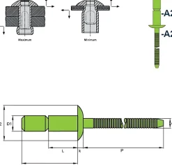Hochfeste Blindnieten Edelstahl A2/Edelstahl A2 (Ø x L) 6,4 x 20,5 mm mit Flachkopf - Niete mit gerilltem Nietdorn - Hochfeste Nieten - GO-LOCK