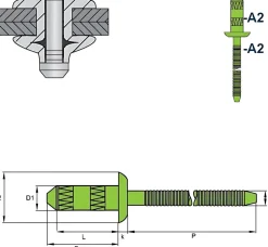 Hochfeste Blindnieten Edelstahl A2/Edelstahl A2 (Ø x L) 4,0 x 10,0 mm mit Flachkopf - Niete mit gerilltem Nietdorn - Hochfeste Nieten - GO-INOX II