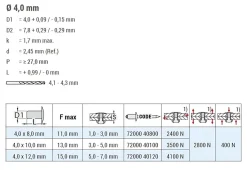 Hochfeste Blindnieten Stahl/Stahl (Ø x L) 4,0 x 12,0 mm mit Flachkopf - Niete mit gerilltem Nietdorn - Hochfeste Nieten - GO-BULB II