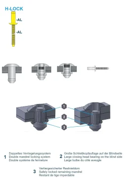 Hochfeste Blindnieten Stahl/Stahl (Ø x L) 6,4 x 18,0 mm mit Flachkopf - Niete mit gerilltem Nietdorn - Hochfeste Nieten - H-LOCK