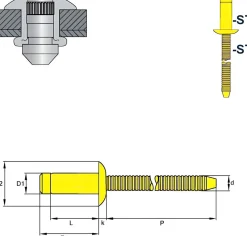 Hochfeste Blindnieten Stahl/Stahl (Ø x L) 6,4 x 12,0 mm mit Flachkopf - Niete mit gerilltem Nietdorn - Hochfeste Nieten - H-LOCK