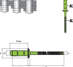 Mehrbereichsnieten gerillte Nietdorn Edelstahl A2/Edelstahl A2 (Ø x L) 3,2 x 12,0 mm Flachkopf Niete - Mehrbereichsblindnieten - MULTI