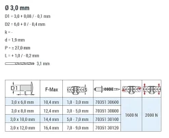 Senkkopf Nieten mit gerilltem Nietdorn Edelstahl A2/Edelstahl A2 (Ø x L) 3,0 x 12,0 mm mit Senkkopf ISO15984 - Senkkopf Niete mit gerilltem Nietdorn - Popniete - STANDARD