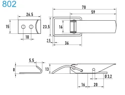 Spannverschluss Edelstahl A2 802 schmales Kappenschloss selbstschliessend mit gerader Grundtplatte und Gegenhaken - Kistenverschluss - Kofferverschluss - Hebel Verschluss