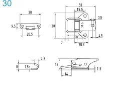 Spannverschluss Edelstahl A4 30 kleines Kappenschloss mit gerader Grundtplatte und Gegenhaken - Kistenverschluss - Kofferverschluss - Hebel Verschluss
