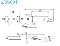 Spannverschluss mit Federsicherung Edelstahl A2 2/55/60 F Standard Kappenschloss mit Federsicherung gewölbter Grundtplatte und Gegenhaken - Kistenverschluss - Kofferverschluss - Hebel Verschluss