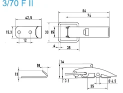 Spannverschluss mit Federsicherung Stahl verzinkt 3/70 F II schmales Kappenschloss mit Federsicherung gerader Grundtplatte und Gegenhaken - Kistenverschluss - Kofferverschluss - Hebel Verschluss