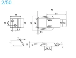 Spannverschluss mit Verschlussvorrichtung Edelstahl A2 2/50 kleines Kappenschloss selbstschliessend mit Verschlussvorrichtung gerader Grundtplatte und Gegenhaken - Kistenverschluss - Kofferverschluss - Hebel Verschluss