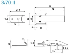 Spannverschluss Stahl verzinkt 3/70 II schmales Kappenschloss mit gerader Grundtplatte und Gegenhaken - Kistenverschluss - Kofferverschluss - Hebel Verschluss